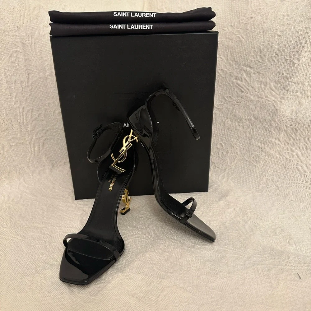 Saint Laurent Black Leather Sandal with Gold YSL Sculptural Heel - Picture 10 of 11